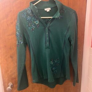 Sundance Green Floral Embroidered Long Sleeve Top Medium